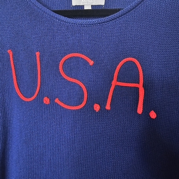 Marled Reunited L Sweater Slits Pullover Red USA‎ Embroidery Navy Blue - Picture 6 of 13